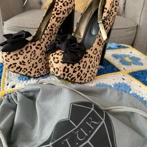 T.U.K Leopard Beart Cut Out Platform Pumps with Black Toe Bow